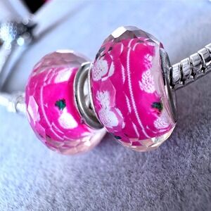 2PC Pink Pineapple Faceted Murano Glass Beads fits PANDORA